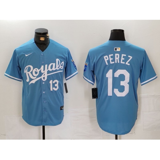 Men's Kansas City Royals #13 Salvador Perez Number Light Blue Cool Base Stitched Jersey - Ujersey