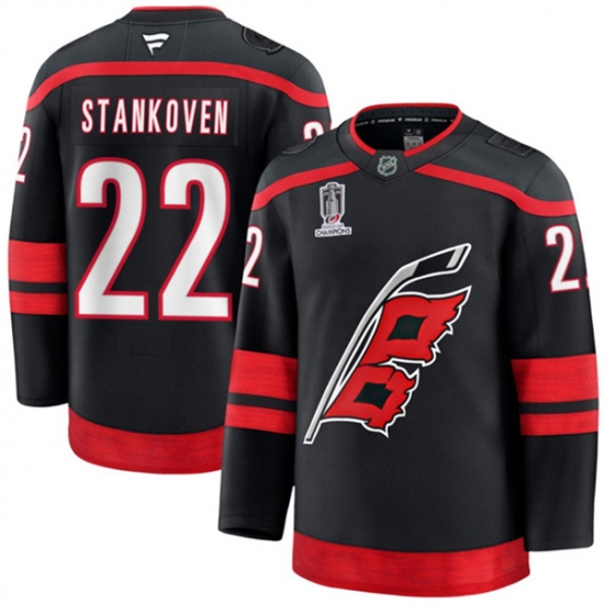 Men's Carolina Hurricanes #22 Logan Stankoven Black 2026 Stanley Cup Champions Home Stitched Hockey Jersey - Ujersey