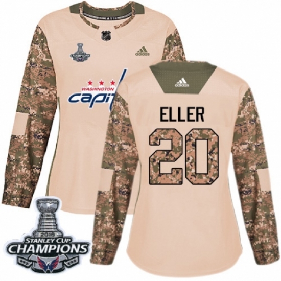 Women's Adidas Washington Capitals #20 Lars Eller Authentic Camo Veterans Day Practice 2018 Stanley Cup Final Champions NHL Jersey - Ujersey