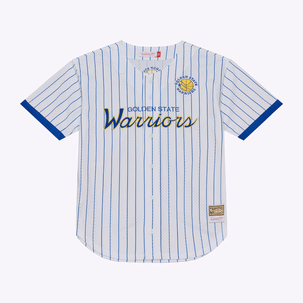 Men's Golden State Warriors Mitchell & Ness White Head Coach Pinstripe Mesh Full-Button Baseball Jersey