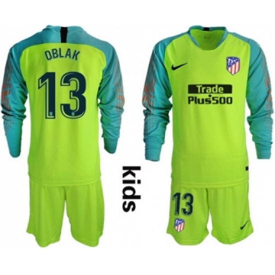 Atletico Madrid #13 Oblak Shiny Green Goalkeeper Long Sleeves Kid Soccer Club Jersey