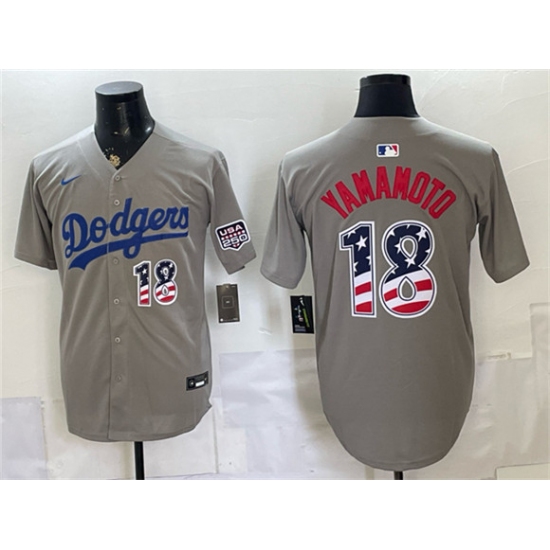 Men's Los Angeles Dodgers #18 Yoshinobu Yamamoto Gray USA 250 Fourth of July Stitched Baseball Jersey - Ujersey