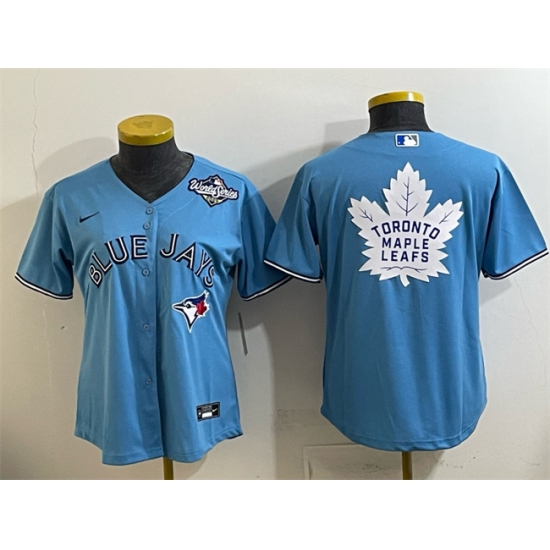 Women's Toronto Blue Jays & Leafs Blue 2025 World Series With White Leafs Logo Cool Base Stitched Baseball Jersey(Run Small) - Ujersey