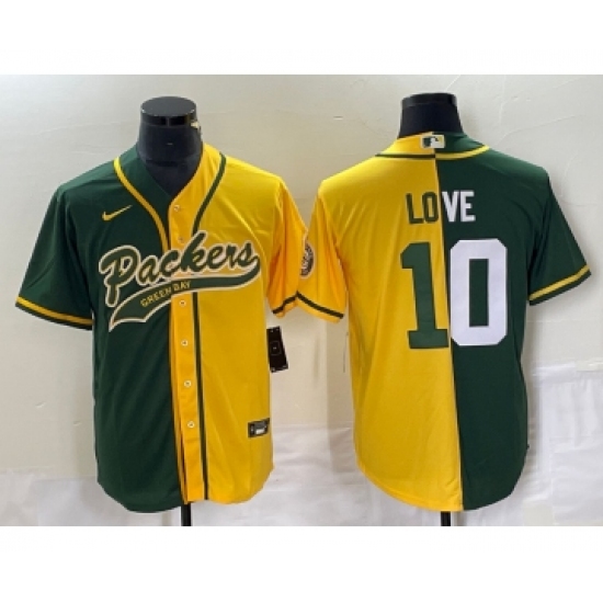 Men's Nike Green Bay Packers #10 Jordan Love Green Yellow Split With Patch Cool Base Stitched Baseball Jersey