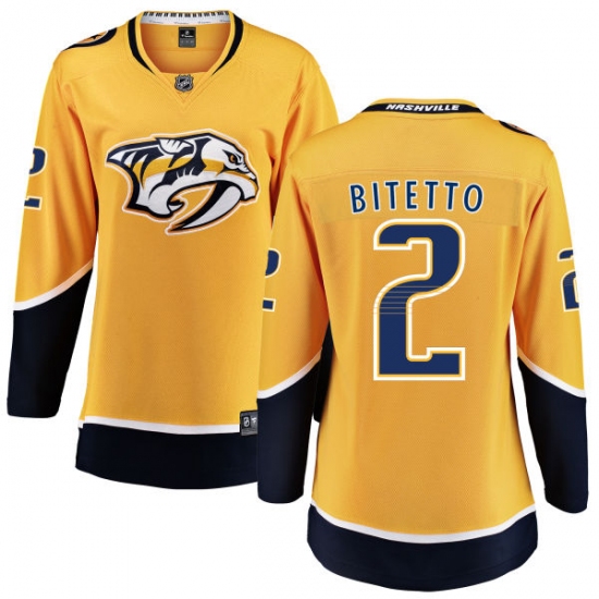 Women's Nashville Predators #2 Anthony Bitetto Fanatics Branded Gold Home Breakaway NHL Jersey - Ujersey