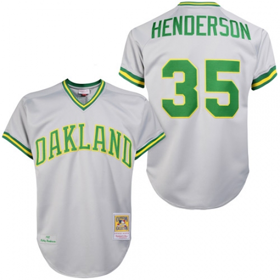 Men's Mitchell and Ness Oakland Athletics #35 Rickey Henderson Authentic Grey 1981 Throwback MLB Jersey - Ujersey