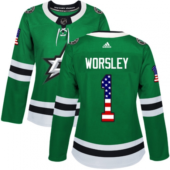 Women's Adidas Dallas Stars #1 Gump Worsley Authentic Green USA Flag Fashion NHL Jersey - Ujersey