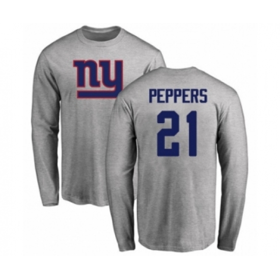Football New York Giants #21 Jabrill Peppers Ash Name & Number Logo Long Sleeve T-Shirt - Ujersey