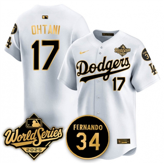 Men's Los Angeles Dodgers #17 Shohei Ohtani White Gold 2025 World Series With No.34 Limited Stitched Baseball Jersey - Ujersey
