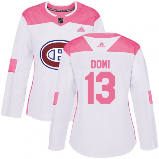 Women's Adidas Montreal Canadiens #13 Max Domi Authentic White Pink Fashion NHL Jersey - Ujersey