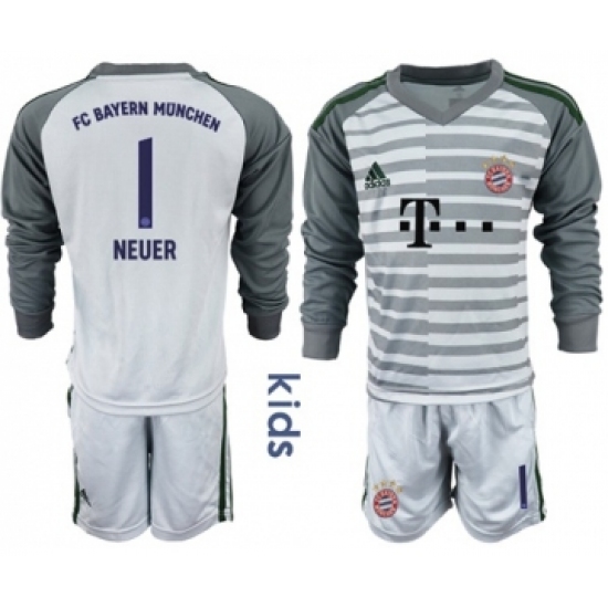 Bayern Munchen #1 Neuer Grey Goalkeeper Long Sleeves Kid Soccer Club Jersey