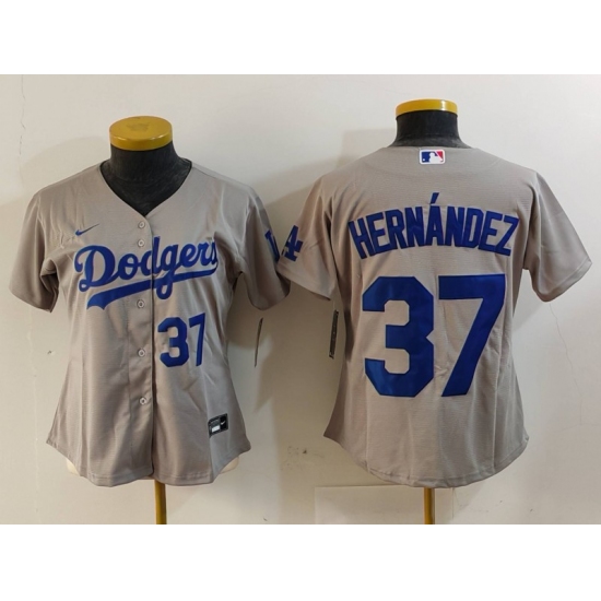 Women's Los Angeles Dodgers #37 Teoscar Hernandez Number Grey Cool Base Stitched Jerseys - Ujersey