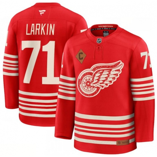Men's Detroit Red Wings #71 Dylan Larkin Red 2025 With C Centennial Premium Stitched Jersey - Ujersey