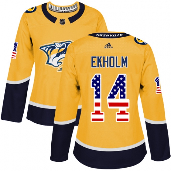 Women's Adidas Nashville Predators #14 Mattias Ekholm Authentic Gold USA Flag Fashion NHL Jersey