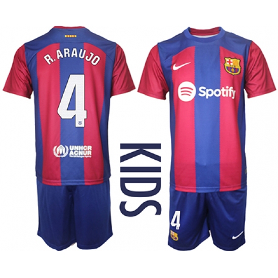 Youth Barcelona #4 R.Araujo Blue Red 2023-24 Home Soccer Jersey