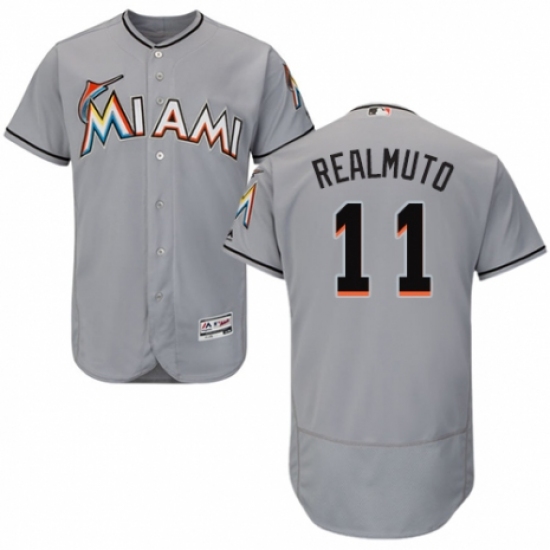 Men's Majestic Miami Marlins #11 J. T. Realmuto Grey Road Flex Base Authentic Collection MLB Jersey - Ujersey