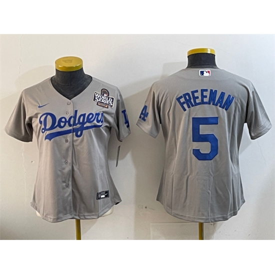 Women's Los Angeles Dodgers #5 Freddie Freeman Grey 2024 World Series Cool Base Stitched Baseball Jersey(Run Small) - Ujersey