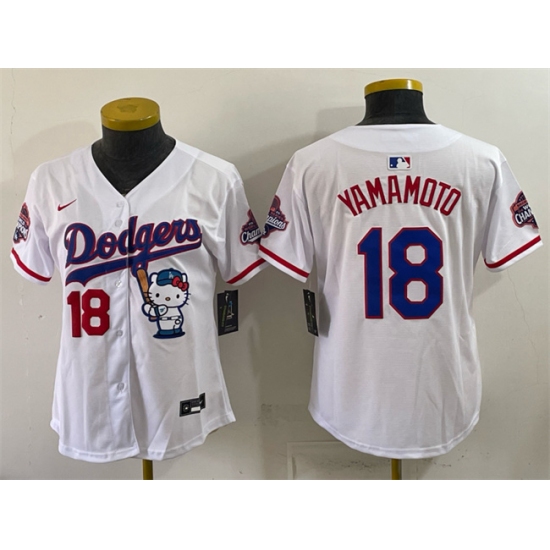 Women's Los Angeles Dodgers #18 Yoshinobu Yamamoto White Hello Kitty Night 2025 World Series Champions Stitched Baseball Jersey(Run Small) - Ujersey