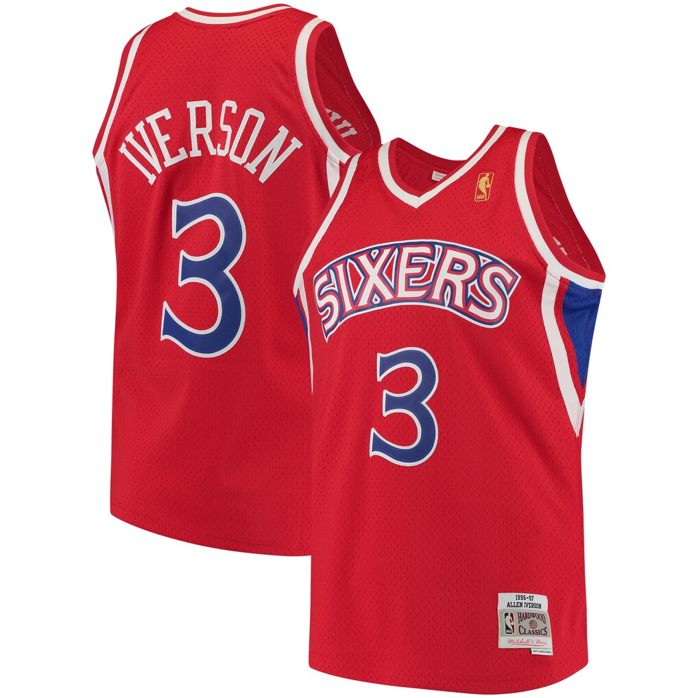 Men's Philadelphia 76ers Allen Iverson Mitchell & Ness Red 1996/97 Hardwood Classics Swingman Jersey - Ujersey Shop