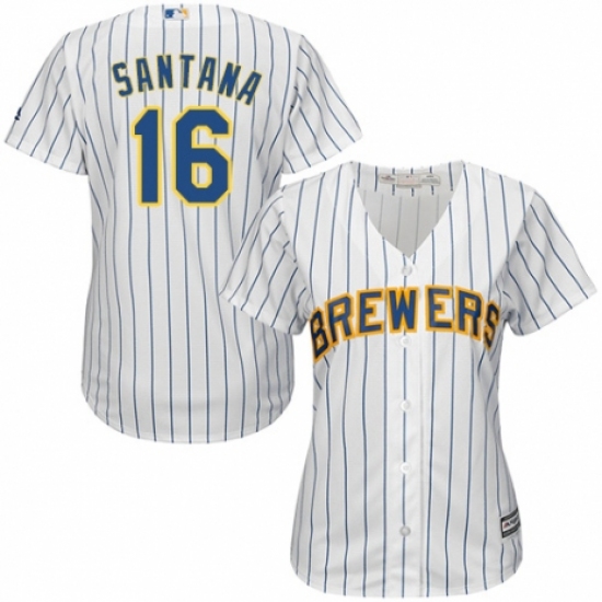 Women's Majestic Milwaukee Brewers #16 Domingo Santana Replica White Home Cool Base MLB Jersey - Ujersey
