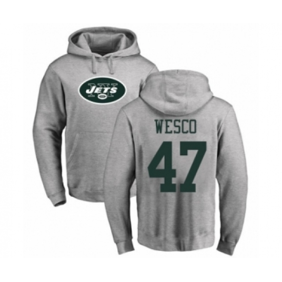Football New York Jets #47 Trevon Wesco Ash Name & Number Logo Pullover Hoodie - Ujersey NHL
