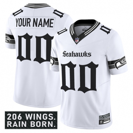 Men's Seattle Seahawks Active Player Custom White 2025 F.U.S.E. 'Gothic Rain City Shadows Edition' Vapor Limited Stitched Jersey - Ujersey
