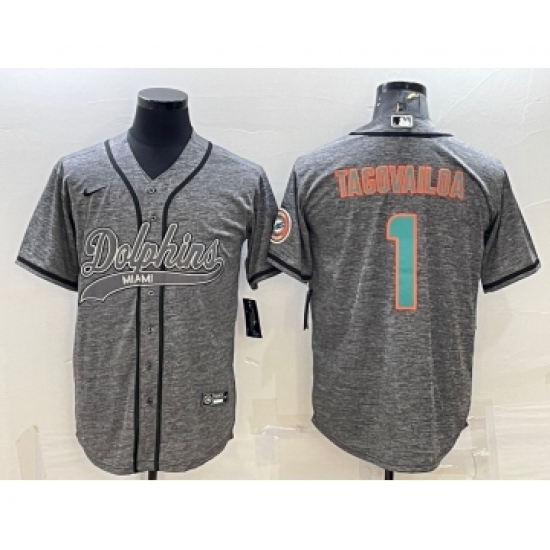 Men's Miami Dolphins #1 Tua Tagovailoa Grey Gridiron With Patch Cool Base Stitched Baseball Jersey - Ujersey