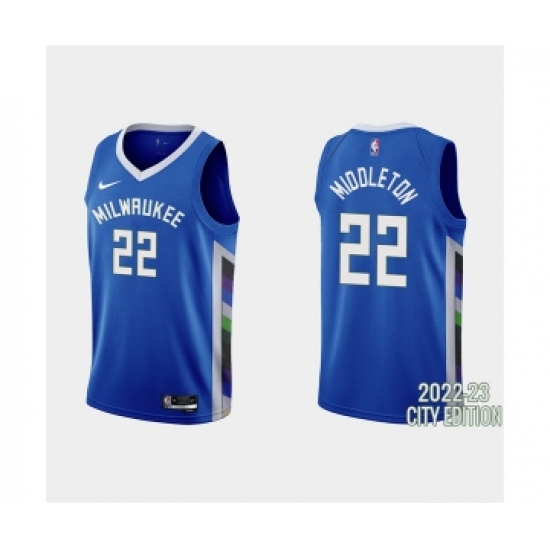 Men's Milwaukee Bucks #22 Khris Middleton 2022-23 City Edition Blue Stitched Basketball Jersey - Ujersey