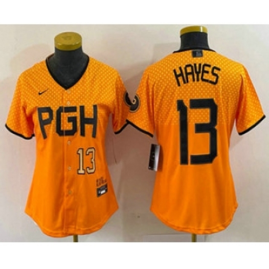 Women's Pittsburgh Pirates #13 KeBryan Hayes Number Yellow 2023 City Connect Stitched Jersey - Ujersey