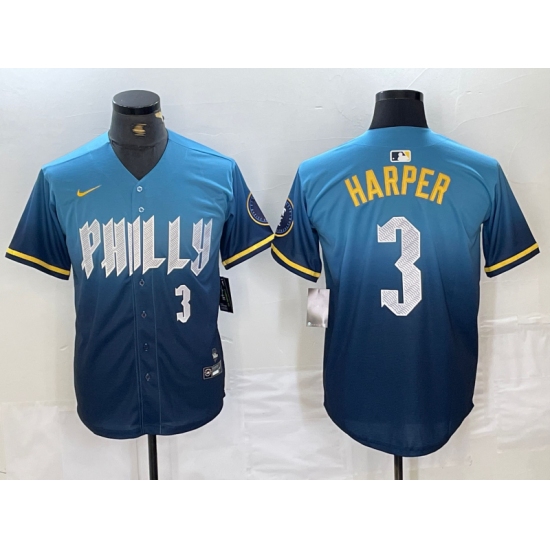 Men's Philadelphia Phillies #3 Bryce Harper Number Blue 2024 City Connect Limited Stitched Jersey - ujerseystore