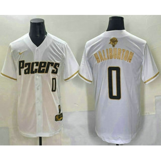 Men's Indiana Pacers #0 Tyrese Haliburton White Gold 2025 Finals Vapor Stitched Baseball Jersey - Ujersey