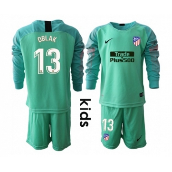Atletico Madrid #13 Oblak Green Goalkeeper Long Sleeves Kid Soccer Club Jersey