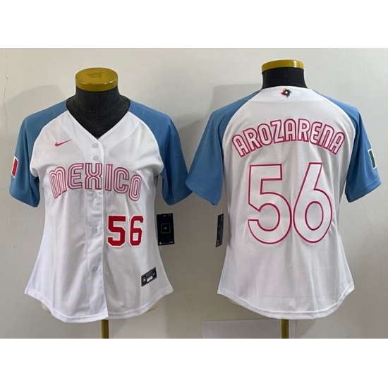 Women's Mexico Baseball #56 Randy Arozarena 2023 White Blue World Classic Stitched Jersey3
