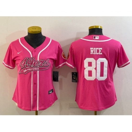 Women's San Francisco 49ers #80 Jerry Rice Pink With Patch Cool Base Stitched Baseball Jersey - Ujersey