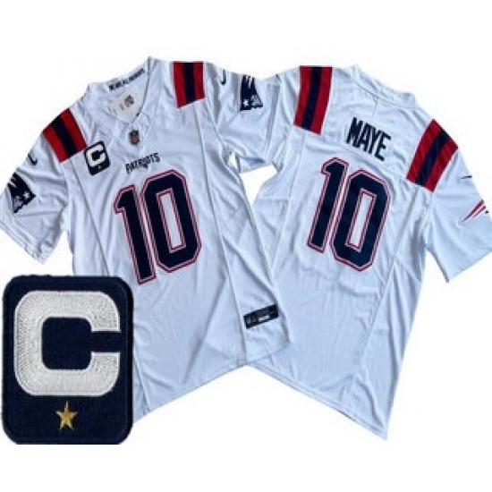 Men's New England Patriots #10 Drake Maye Limited White Captain FUSE Vapor Jersey - Ujersey