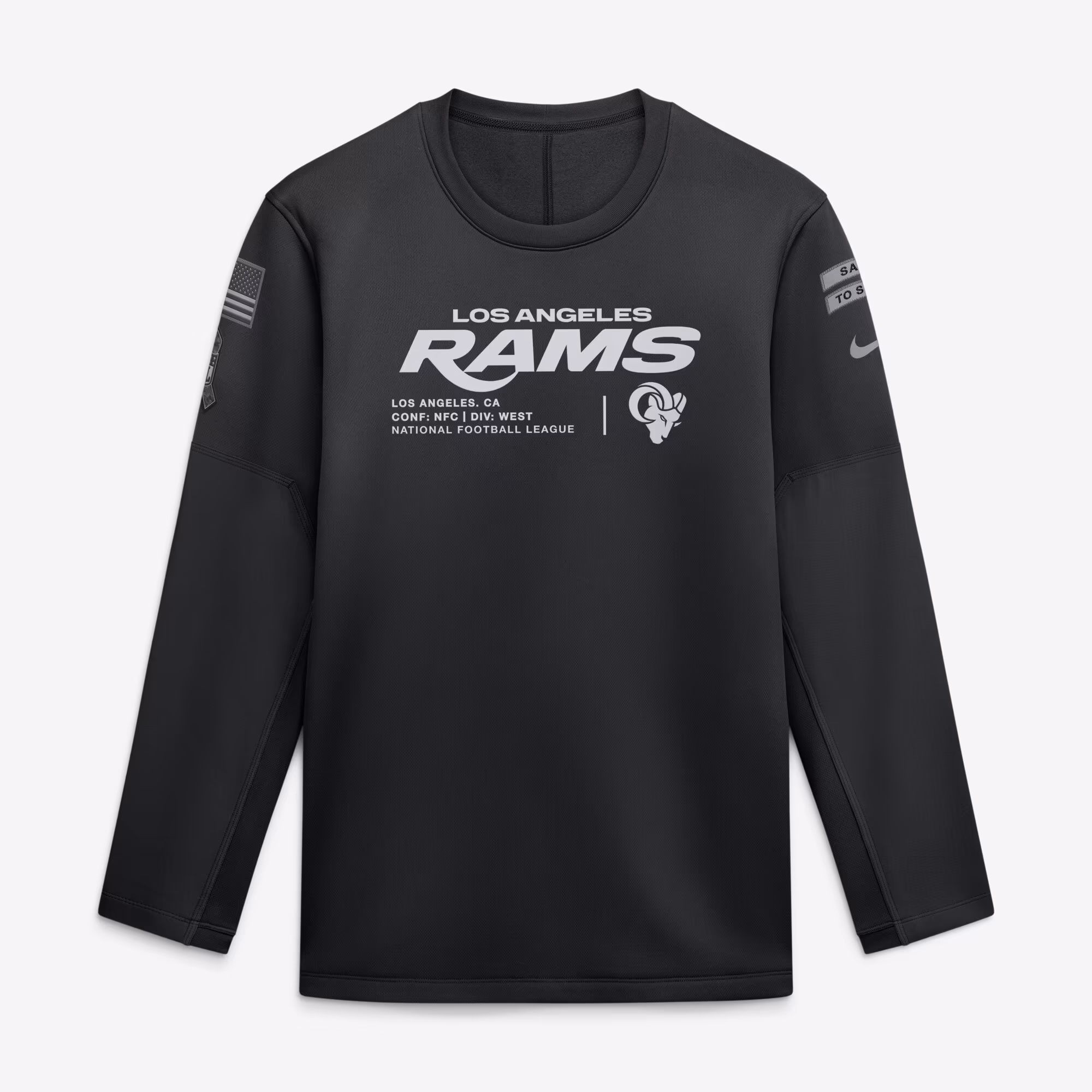 Men's Los Angeles Rams  Nike Black 2026 Salute to Service Sideline Coaches Crewneck Therma-FIT Sweatshirt - SUjersey01