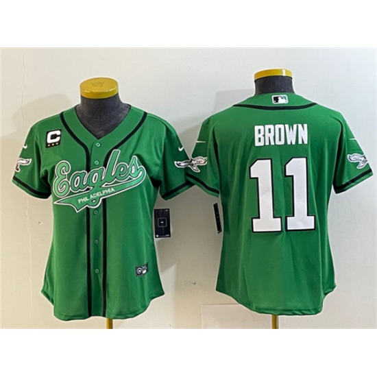 Women's Philadelphia Eagles #11 A. J. Brown Green With 3-Star C Cool Base Stitched Baseball Jersey - Ujersey