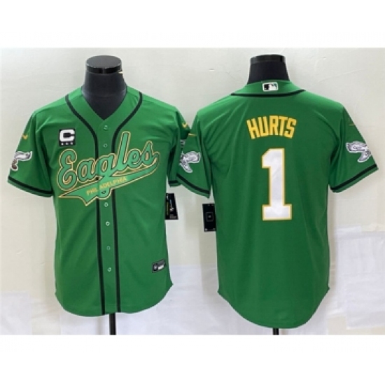 Men's Nike Philadelphia Eagles #1 Jalen Hurts Green With C Cool Base Stitched Baseball Jersey - Ujersey