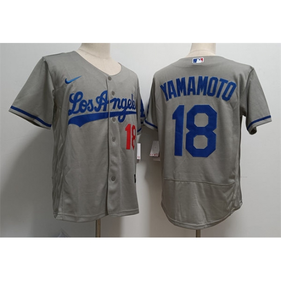Men's Los Angeles Dodgers #18 Yoshinobu Yamamoto Nike Grey Los Angeles FlexBase Jersey - Ujersey