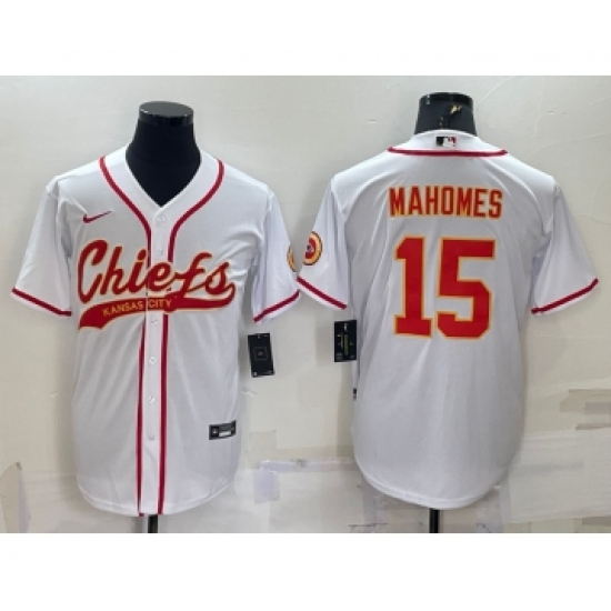 Men's Kansas City Chiefs #15 Patrick Mahomes White With Patch Cool Base Stitched Baseball Jersey - Ujersey