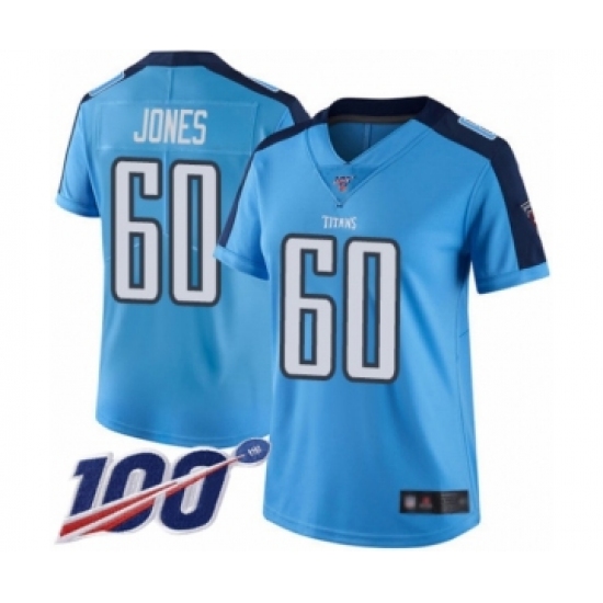 Women's Tennessee Titans #60 Ben Jones Limited Light Blue Rush Vapor Untouchable 100th Season Football Jersey - Ujersey