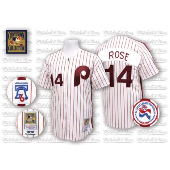 Men's Mitchell and Ness Philadelphia Phillies #14 Pete Rose Authentic White/Red Strip Throwback MLB Jersey - Ujersey