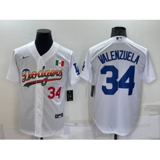 Men's Los Angeles Dodgers #34 Fernando Valenzuela Rainbow Number White Mexico Cool Base Nike Jersey - Ujersey