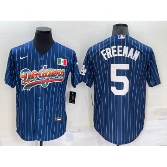 Men's Los Angeles Dodgers #5 Freddie Freeman Rainbow Blue Red Pinstripe Mexico Cool Base Nike Jersey - Ujersey