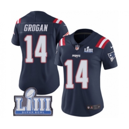 Women's Nike New England Patriots #14 Steve Grogan Limited Navy Blue Rush Vapor Untouchable Super Bowl LIII Bound NFL Jersey - Ujersey