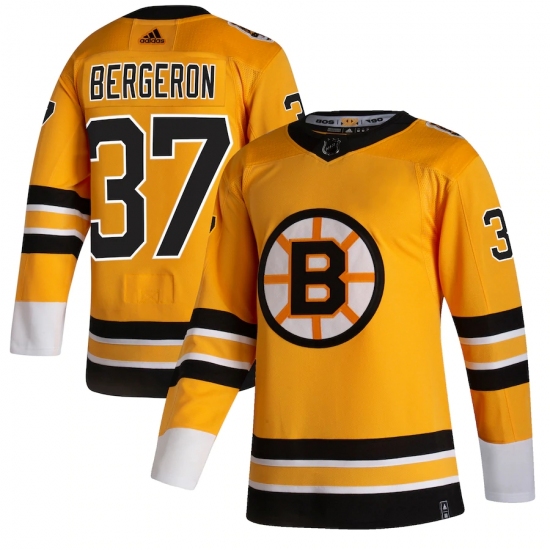 Men's Boston Bruins #37 Patrice Bergeron adidas Yellow 2020-21 Reverse Retro Authentic Player Jersey - Ujersey