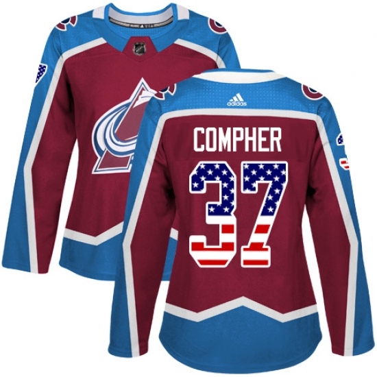 Women's Adidas Colorado Avalanche #37 J.T. Compher Authentic Burgundy Red USA Flag Fashion NHL Jersey - Ujersey