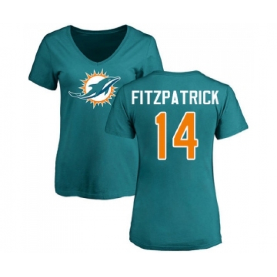 Football Women's Miami Dolphins #14 Ryan Fitzpatrick Aqua Green Name & Number Logo T-Shirt - Ujersey