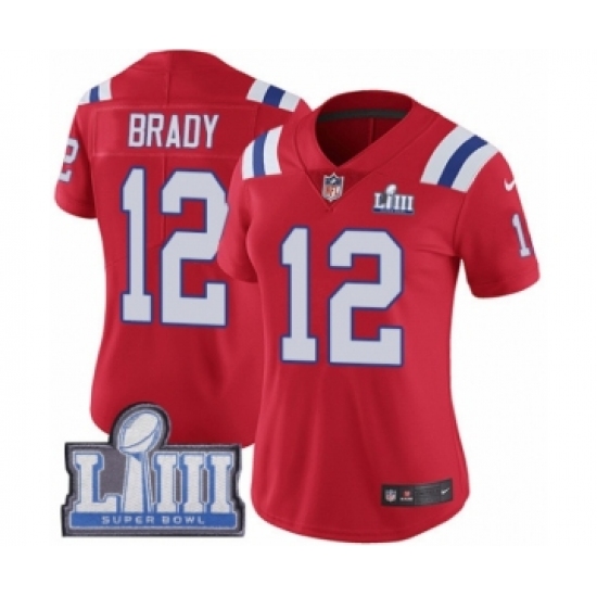 Women's Nike New England Patriots #12 Tom Brady Red Alternate Vapor Untouchable Limited Player Super Bowl LIII Bound NFL Jersey - Ujersey
