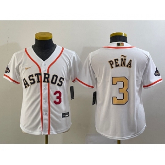 Youth Houston Astros #3 Jeremy Pena Number 2023 White Gold World Serise Champions Cool Base Stitched Jerseys